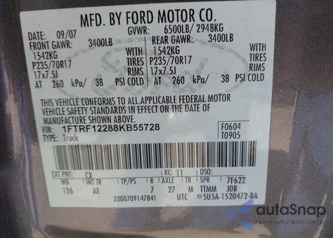 2008 Ford F-150 Stx/Xl/Xlt из США, поврежденный, VIN 1FTRF12288KB55728